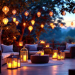 A photograph of a beautifully arranged outdoor patio scene at dusk
