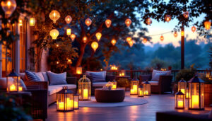 A photograph of a beautifully arranged outdoor patio scene at dusk