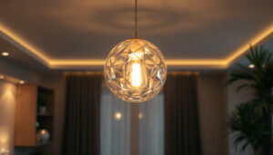 A photograph of a beautifully designed ceiling hung light fixture in an aesthetically pleasing room setting