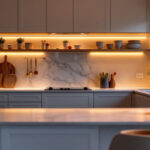 A photograph of a beautifully designed kitchen featuring under cabinet lighting that highlights the countertops and creates a warm