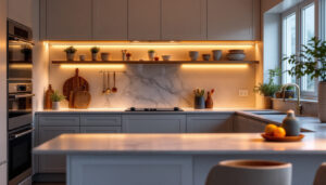 A photograph of a beautifully designed kitchen featuring under cabinet lighting that highlights the countertops and creates a warm