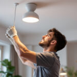 A photograph of a skilled lighting contractor expertly installing or adjusting modern lighting fixtures in a stylish burlington space