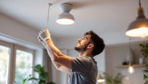 A photograph of a skilled lighting contractor expertly installing or adjusting modern lighting fixtures in a stylish burlington space