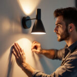 A photograph of a skilled lighting contractor installing a stylish wall sconce in a modern interior setting