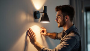 A photograph of a skilled lighting contractor installing a stylish wall sconce in a modern interior setting