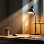 A photograph of a well-lit workspace featuring a stylish desk lamp and natural light streaming through a window
