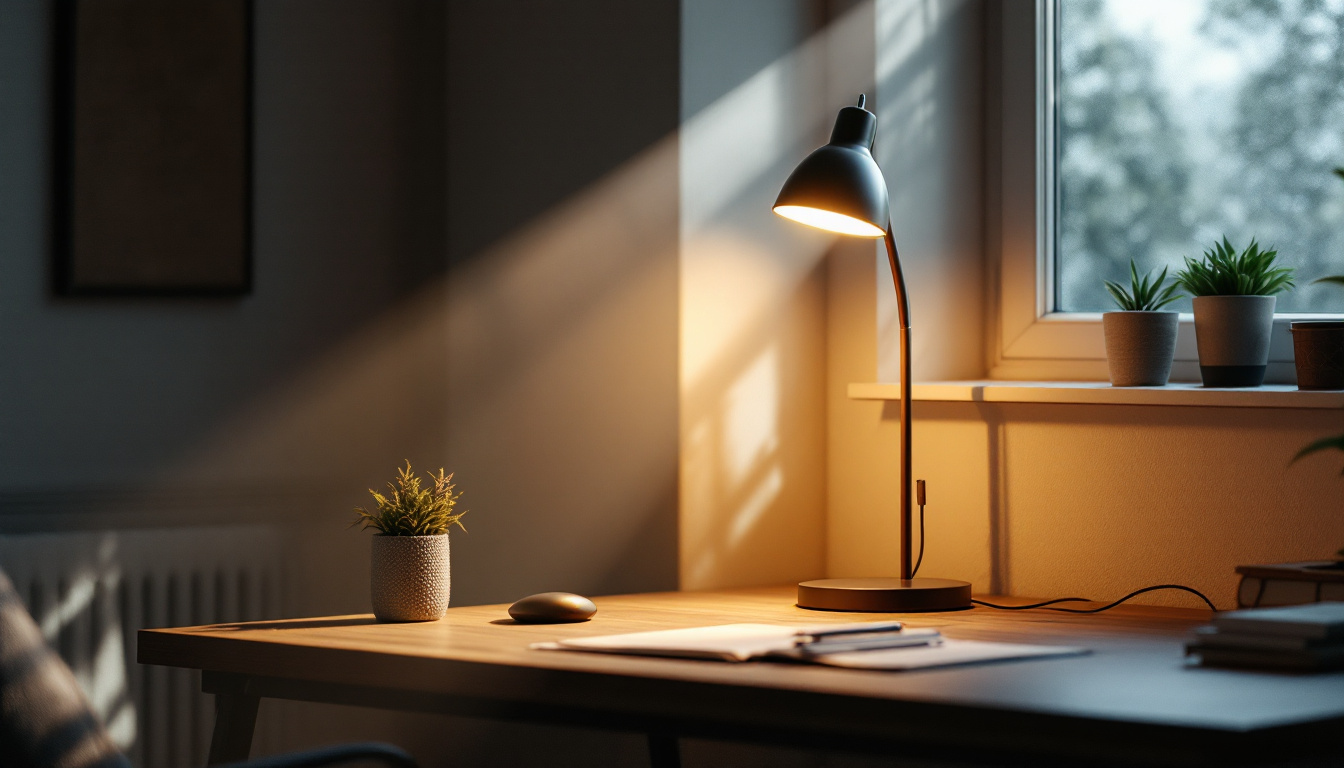 A photograph of a well-lit workspace featuring a stylish desk lamp and natural light streaming through a window