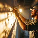 A photograph of a lighting contractor skillfully installing dynamic