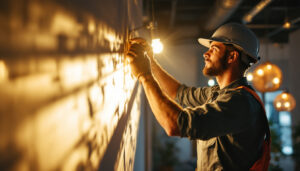 A photograph of a lighting contractor skillfully installing dynamic