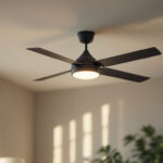 A photograph of a well-lit room featuring a stylish ceiling fan in action