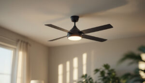 A photograph of a well-lit room featuring a stylish ceiling fan in action
