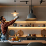 A photograph of a modern lighting pendant installation in a stylish residential or commercial space