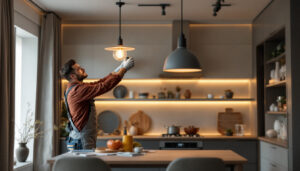 A photograph of a modern lighting pendant installation in a stylish residential or commercial space