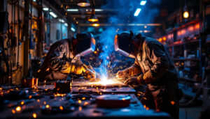 A photograph of a vibrant welding shop scene