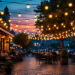 A photograph of a beautifully illuminated outdoor cafe scene at dusk