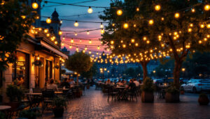 A photograph of a beautifully illuminated outdoor cafe scene at dusk