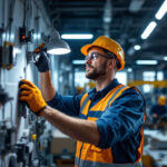 A photograph of a lighting contractor expertly installing or showcasing various industrial lighting products in a real-world setting
