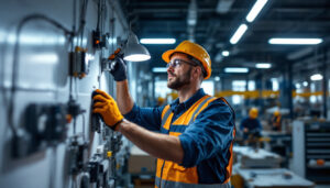 A photograph of a lighting contractor expertly installing or showcasing various industrial lighting products in a real-world setting
