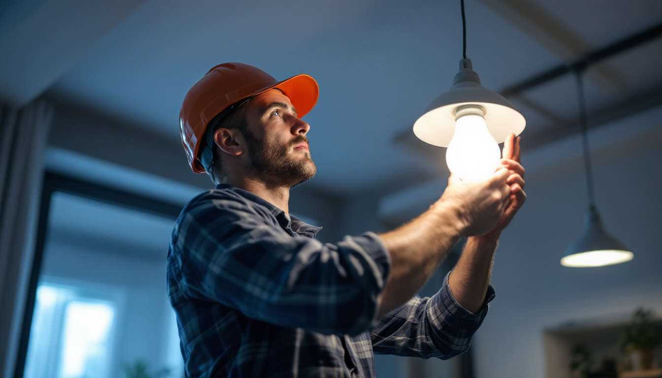 A photograph of a lighting contractor installing led bulbs in a modern light fixture