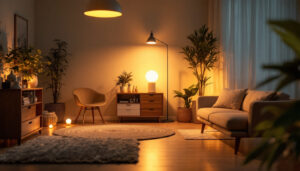 A photograph of a well-lit interior space showcasing a variety of ge lighting products in use