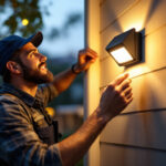 A photograph of a lighting contractor expertly installing an led motion light in a residential setting