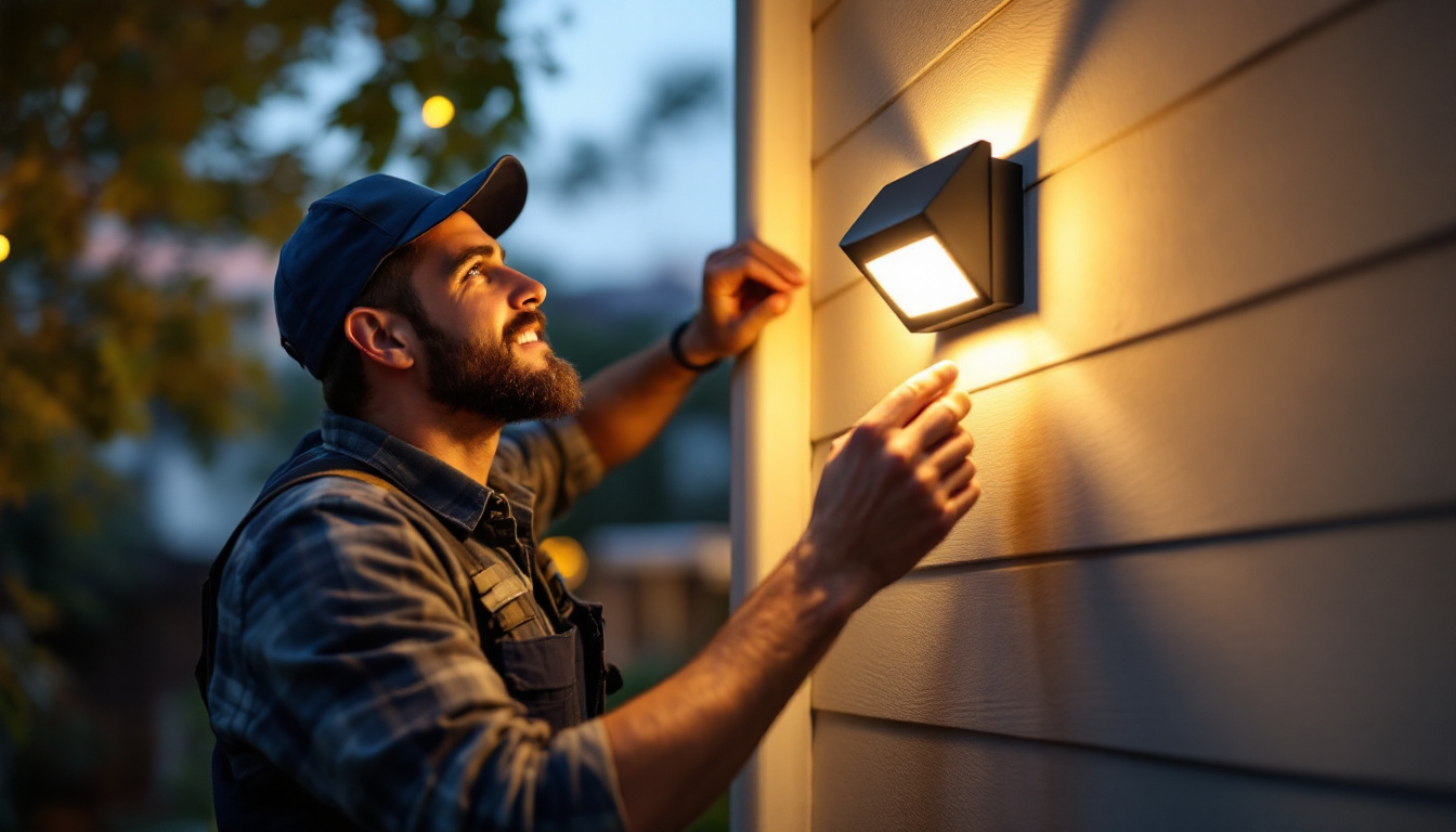 A photograph of a lighting contractor expertly installing an led motion light in a residential setting