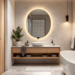 A photograph of a well-designed bathroom featuring stylish can lights that highlight the space