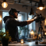 A photograph of a skilled lighting contractor in action