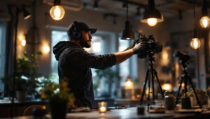 A photograph of a skilled lighting contractor in action