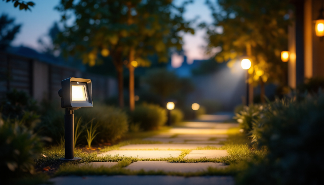 A photograph of a well-lit outdoor area showcasing a motion sensor flood light in action