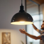 A photograph of a stylish contemporary pendant lamp hanging in a modern interior setting