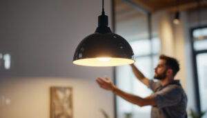A photograph of a stylish contemporary pendant lamp hanging in a modern interior setting