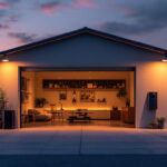 A photograph of a well-lit outdoor garage space at dusk