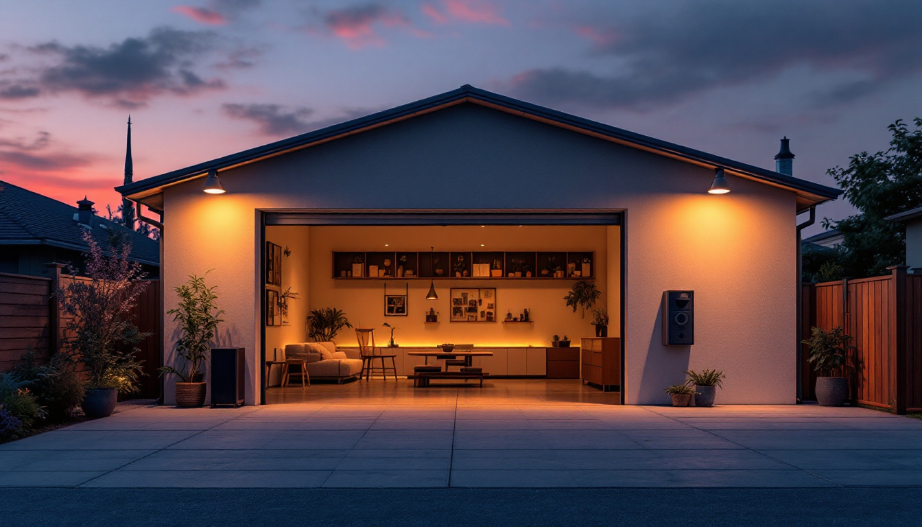 A photograph of a well-lit outdoor garage space at dusk
