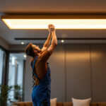 A photograph of a lighting contractor installing a sleek