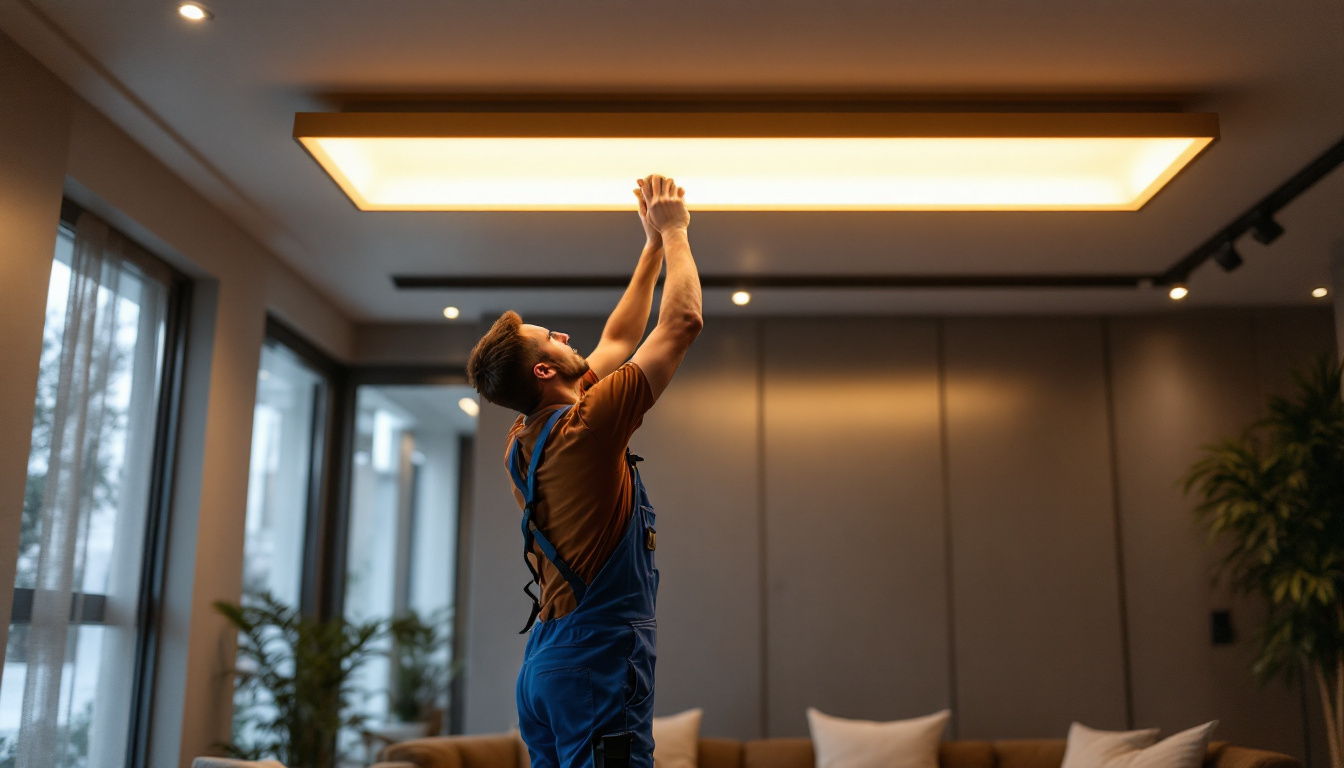 A photograph of a lighting contractor installing a sleek