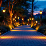 A photograph of a beautifully illuminated outdoor pathway featuring various styles of pathway lights