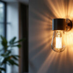 A photograph of a stylishly designed indoor wall light sconce illuminating a modern living space