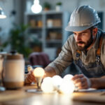 A photograph of a lighting contractor inspecting various sylvania light bulbs in a well-lit workspace