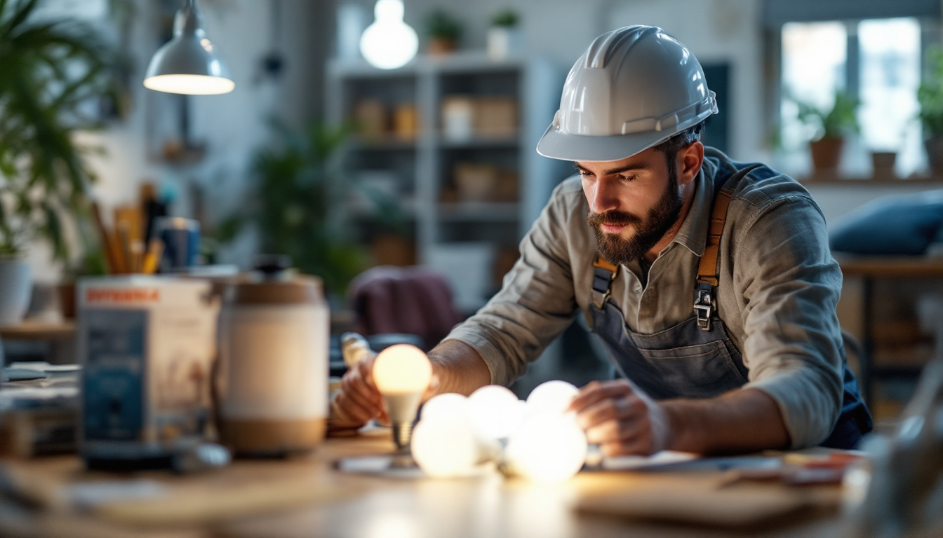 A photograph of a lighting contractor inspecting various sylvania light bulbs in a well-lit workspace