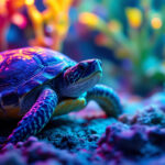 A photograph of a vibrant turtle habitat illuminated by soft