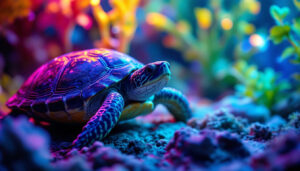 A photograph of a vibrant turtle habitat illuminated by soft