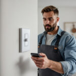 A photograph of a lighting contractor installing a maestro motion sensor switch in a modern home setting