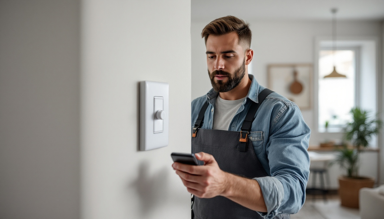 A photograph of a lighting contractor installing a maestro motion sensor switch in a modern home setting