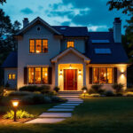 A photograph of a beautifully illuminated exterior of a house at dusk