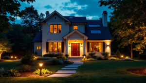 A photograph of a beautifully illuminated exterior of a house at dusk
