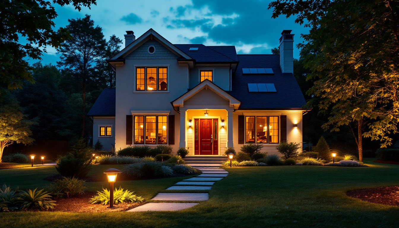 A photograph of a beautifully illuminated exterior of a house at dusk