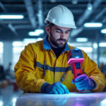 A photograph of a lighting contractor using a handheld uv light sanitizing device in a commercial setting