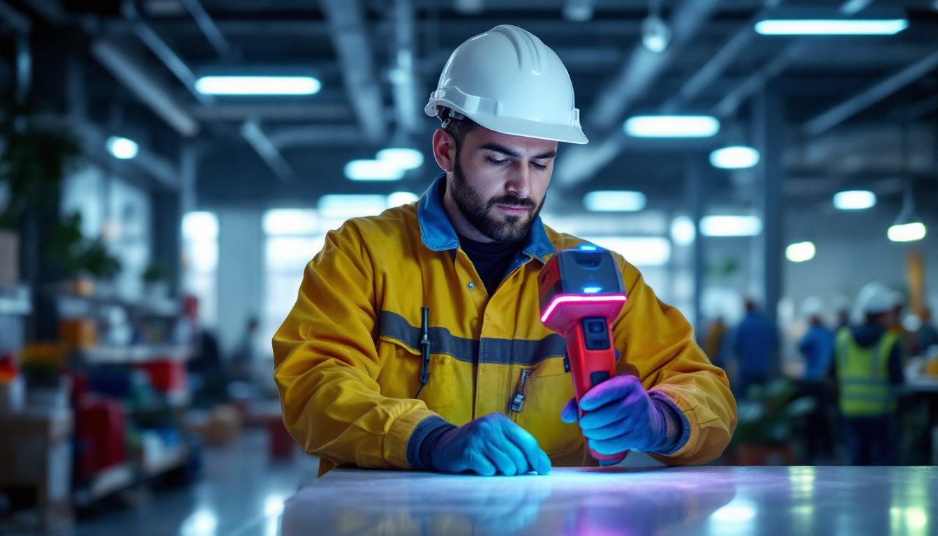 A photograph of a lighting contractor using a handheld uv light sanitizing device in a commercial setting