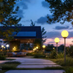 A photograph of a beautifully illuminated outdoor space featuring various styles of solar-powered lights in use at dusk